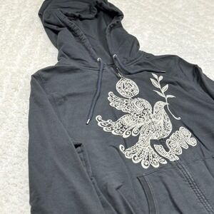 Lucky Brand Hoodie Womens XL Black Zip Dove Love Embroidered Y2K Boho Festival